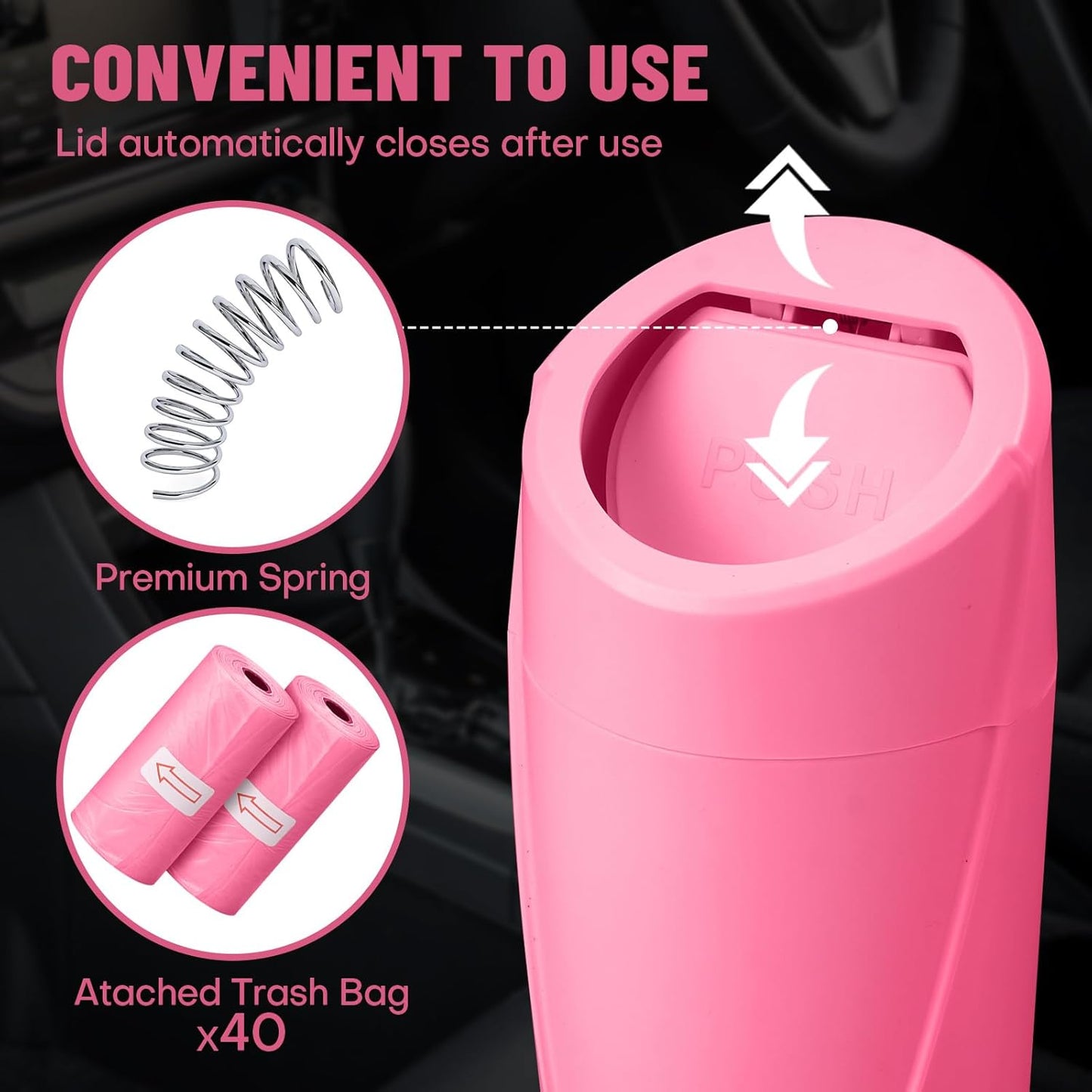 Car Trash Can Bin with Lid - Car Garbage Can Cup Holder - Pink Mini Leakproof Vehicle Garbage Bin with 20pcs Trash Bags - Automobile Organizers and Storage for Front Back Seat Accessories