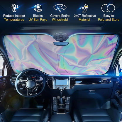 Iridescent Sun Shade for Car Windshield, Foldable Windshield Sun Shade, Universal Car Sun Shade Windshield, Upgrade Cover Sunshade Enhanced UV Rays Reflective Sun Visor Shade Keeps Vehicle Cool