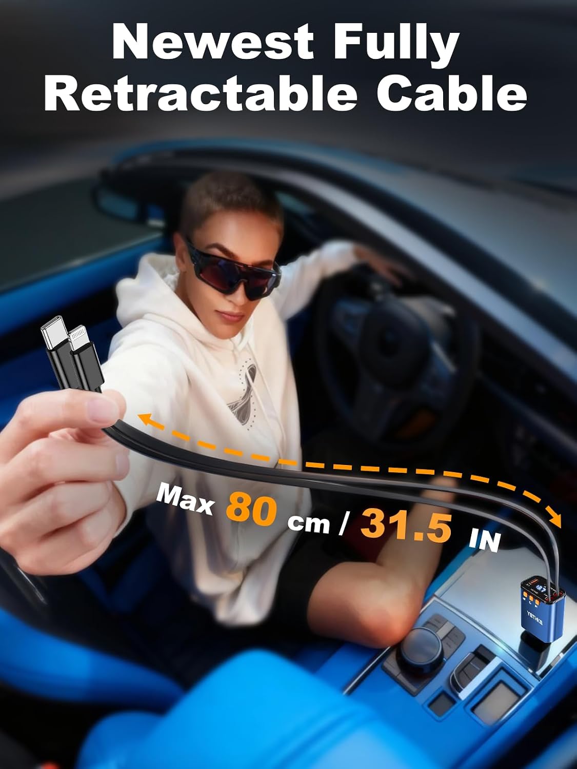 Bluetooth Car Adapter with Retractable Charger, FM Transmitter Bluetooth 5.4 for Cars, 4 in 1 Fast Car Phone Charger 69W, Handsfree Call, 2*Retractable Cable for iPhone 17/16/15/14, Galaxy-Black