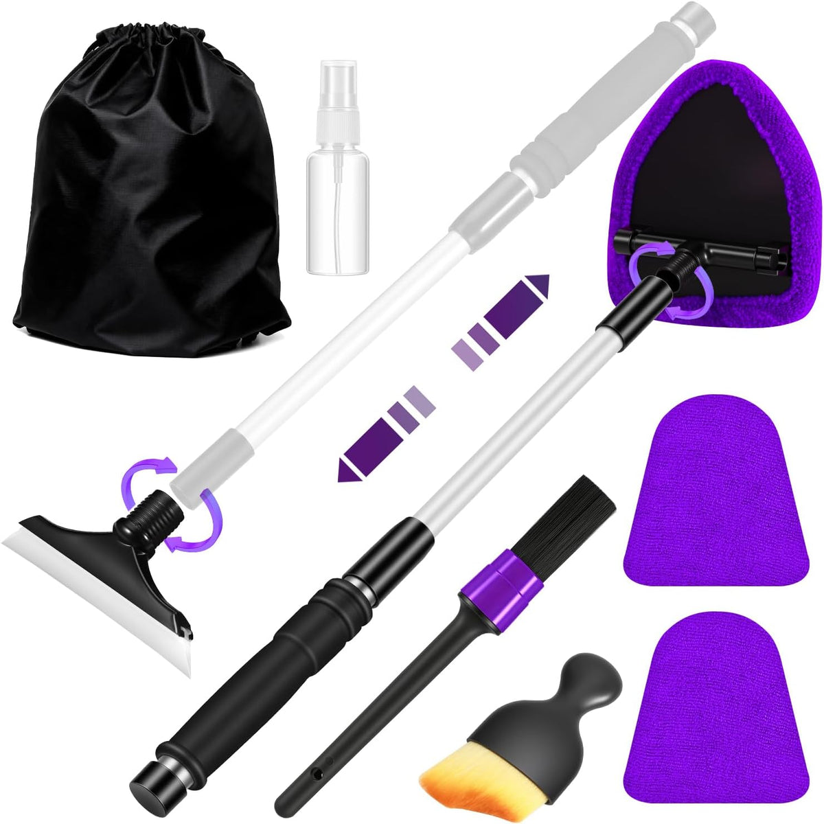 Windshield Cleaner Tool, Car Interior Cleaning Kit with Extendable Handle and 3 Reusable Microfiber Pads, Auto Glass Wiper and Detailing Brush Kit for Car & Home Window, Blue