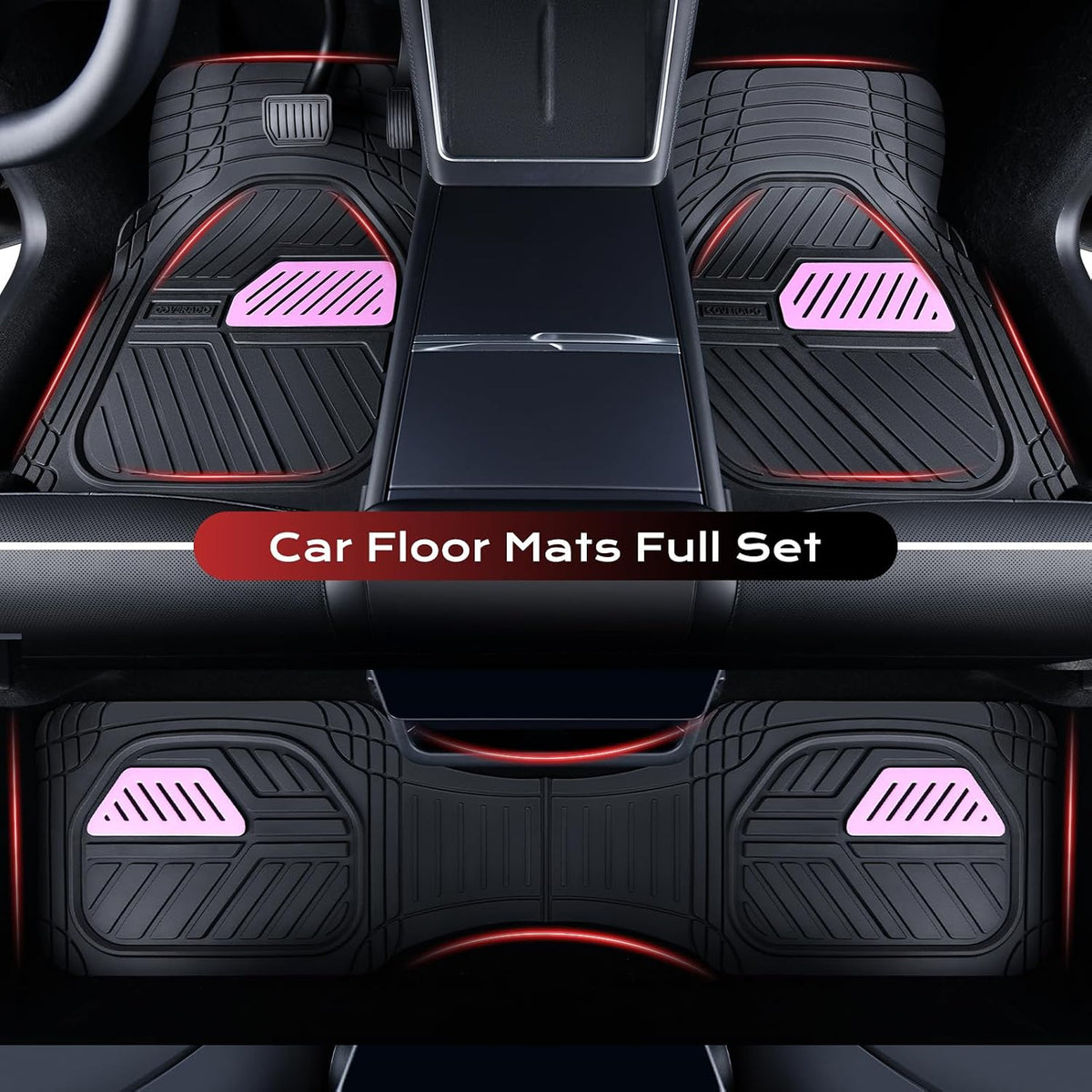 Coverado Car Floor Mats All Weather Waterproof Deep Dish Anti-Slip Car Mats Set, Heavy Duty Rubber Floor Mats for Cars, Universal Trim to Fit Automotive Floor Mats for Cars Trucks SUV, Black&Red