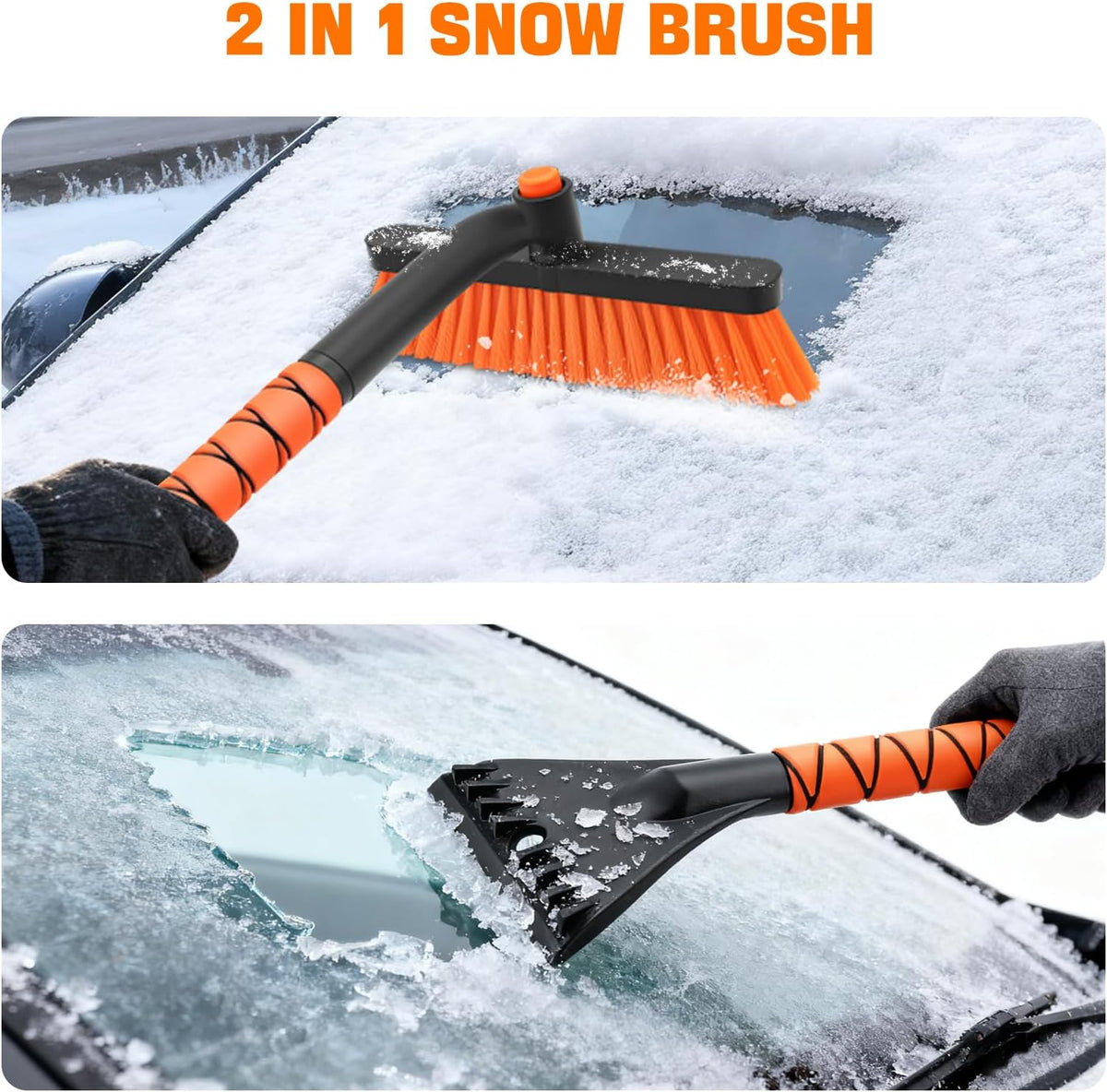 nacena Snow Brush and Ice Scrapers for Car Windshield, Detachable Snow Remover for Cars EVA Foam Grip and Rotatable Brush Head Snow Scraper for Car Trucks SUV, Winter Cars Accessories (Orange)