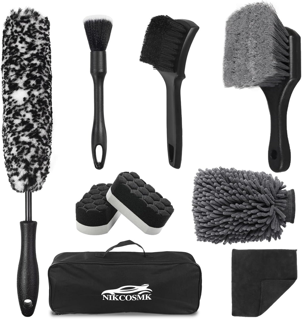 9Pcs Car Wheel & Tire Brush Kit, Wheel Cleaner Brush, Soft-bristled Rim Brush, Tire Shine Applicator Pad, Car Wash Mitt, Towel, Car Detailing Cleaning Wash Brush Supplies Kit