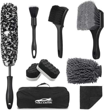 9Pcs Car Wheel & Tire Brush Kit, Wheel Cleaner Brush, Soft-bristled Rim Brush, Tire Shine Applicator Pad, Car Wash Mitt, Towel, Car Detailing Cleaning Wash Brush Supplies Kit
