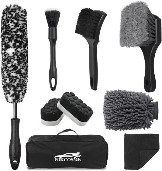9Pcs Car Wheel & Tire Brush Kit, Wheel Cleaner Brush, Soft-bristled Rim Brush, Tire Shine Applicator Pad, Car Wash Mitt, Towel, Car Detailing Cleaning Wash Brush Supplies Kit