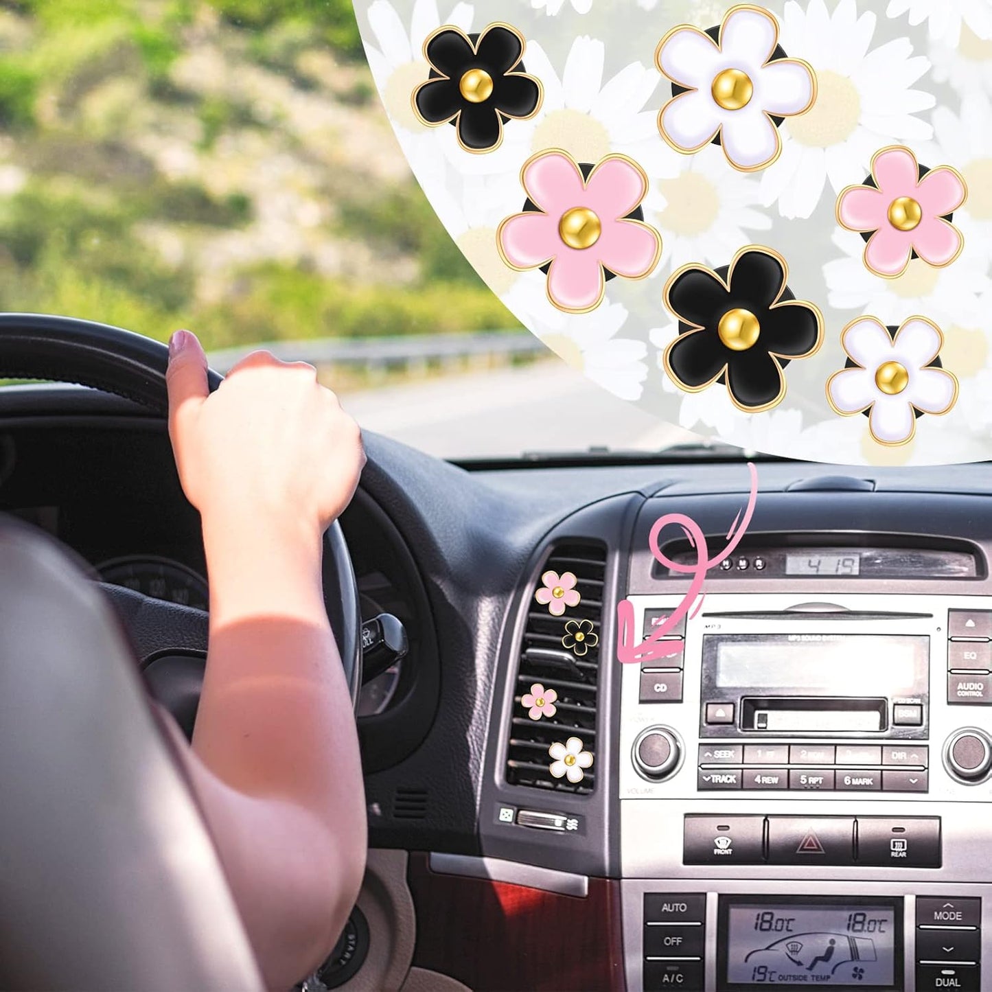 Frienda 6 Pcs Daisy Flower Air Vent Clip Accessories Air Conditioning Outlet Clip Car Air Freshener Dashboard Accessories Charm Car Inter Decor(3 cm, 3.3 cm,White)