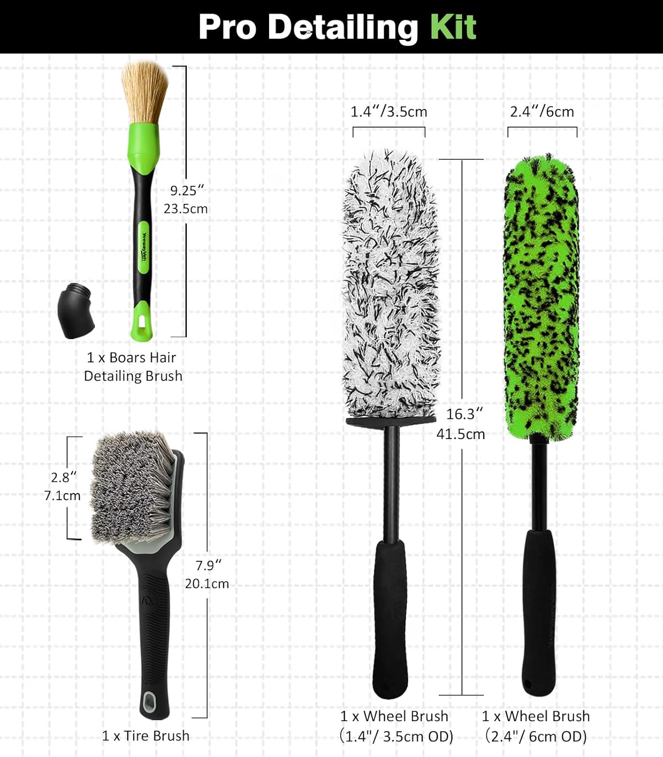 YeewayVeh 3PCS Quick Car Wheel Brush Kit, 2-Size 360° Bendale Rim Cleaner Brushes, Boars Hair Detailing Brush, Fast Scratch-Free Cleaning for Car Wheels, Motorcycle, Green