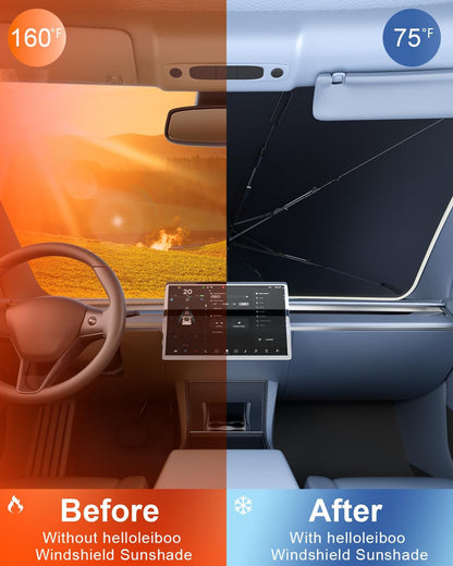 helloleiboo Car Windshield Sun Shade Umbrella 57" x 32", Windshield Sun Shade Foldable with 5-Layer Thickened Vinyl Coating Reflective Heat & UV Protection Fits Most Sedans & Compact SUVs