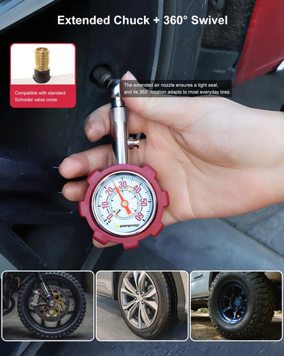 ATsafepro Tire Pressure Gauge, 5-60 PSI, ANSI B40.1 Certified, Extended 360° Swivel Head, Hold & Bleed Button, Dual Guard,Tire Gauges Fit for Cars and Motorcycles - Compact & Battery-Free