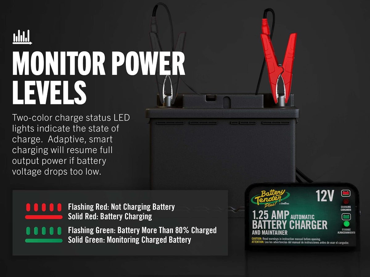 Battery Tender Plus 12V 1.25 AMP Car & Motorcycle Battery Charger and Maintainer, Float Charge for Automotive, and ATVs - Smarter Than a Trickle Charger