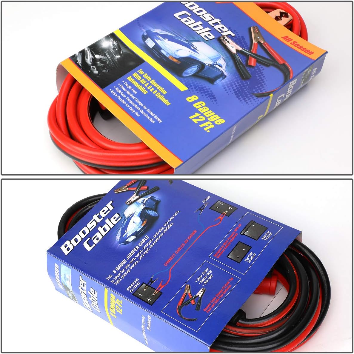 DNA MOTORING 12ft 10Gauge Jumper Cables for Car Battery, Heavy Duty Automotive Booster Cables for Jump Starting Dead or Weak Batteries, BBC-T1