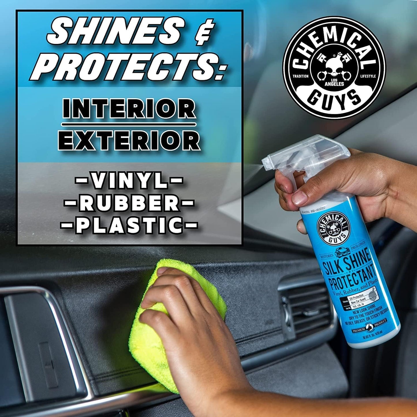 Chemical Guys Silk Shine Tire and Trim Dressing and Protectant – Non-Greasy Vinyl, Plastic & Rubber Spray, Plastic Restorer for Cars – Restores Shine for Cars, Trucks, Motorcycles, RVs, 16 fl oz