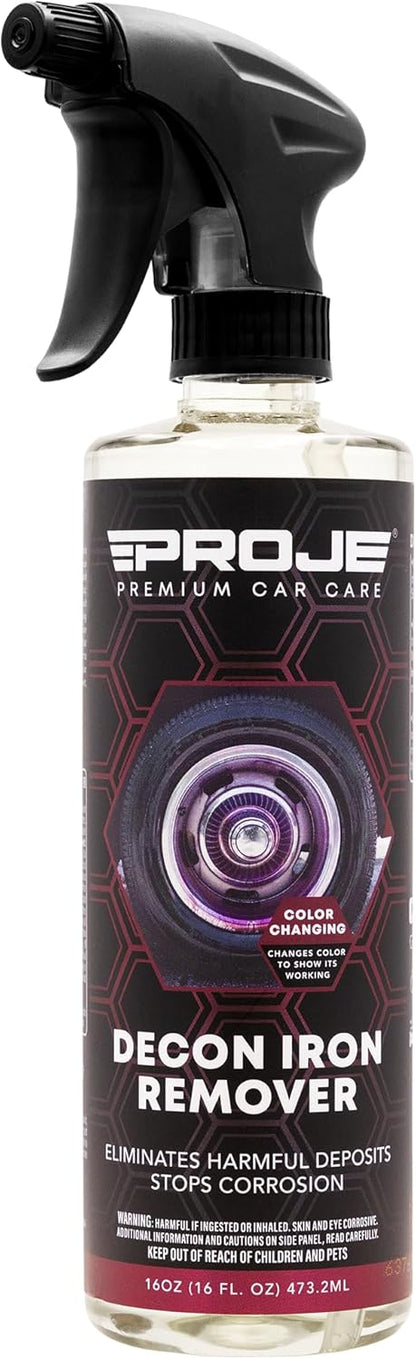 Proje Decon Iron Remover - Wheel, Paint, & Glass Decontamination Spray - Eliminates Brake Dust, Oxidation, & Fallout - Use Before Clay Bar, Wax or Car Wash - For Cars, Trucks, SUVs, & More - 16 Fl Oz
