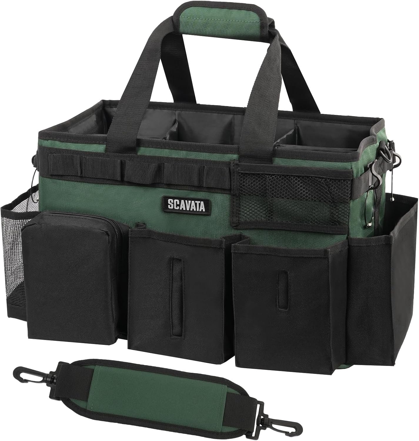 SCAVATA Wearable Cleaning Caddy Bag, Supplies Organizer with Handle & Shoulder Straps for Housekeepers, Under Sink & Car Cleaning Tool Organizer with 4 Foldable Dividers (Black)