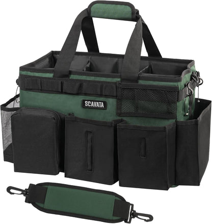 SCAVATA Wearable Cleaning Caddy Bag, Supplies Organizer with Handle & Shoulder Straps for Housekeepers, Under Sink & Car Cleaning Tool Organizer with 4 Foldable Dividers (Black)