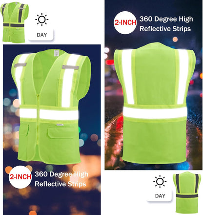 High Visibility Reflective Safety Vest with Zipper and Pockets Orange,M