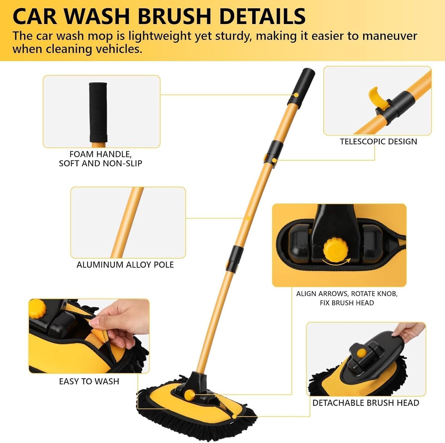 57'' Car Wash Brush with Long Handle Chenille Microfiber Car Wash Kit， Mitt Retractable Bent Pole Car Wash Brush for Cars RV Truck Boat (Yellow)