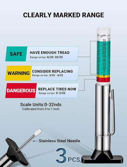 LUMITECO 3-Pack Tire Tread Depth Gauge, Color Coded Tire Tread Gauge in 1/32 Inch, Efficient Tread Depth Gauge 32nds Tire Measure Tool Depth for Car, Semi Truck Tire Wear Tread Checker