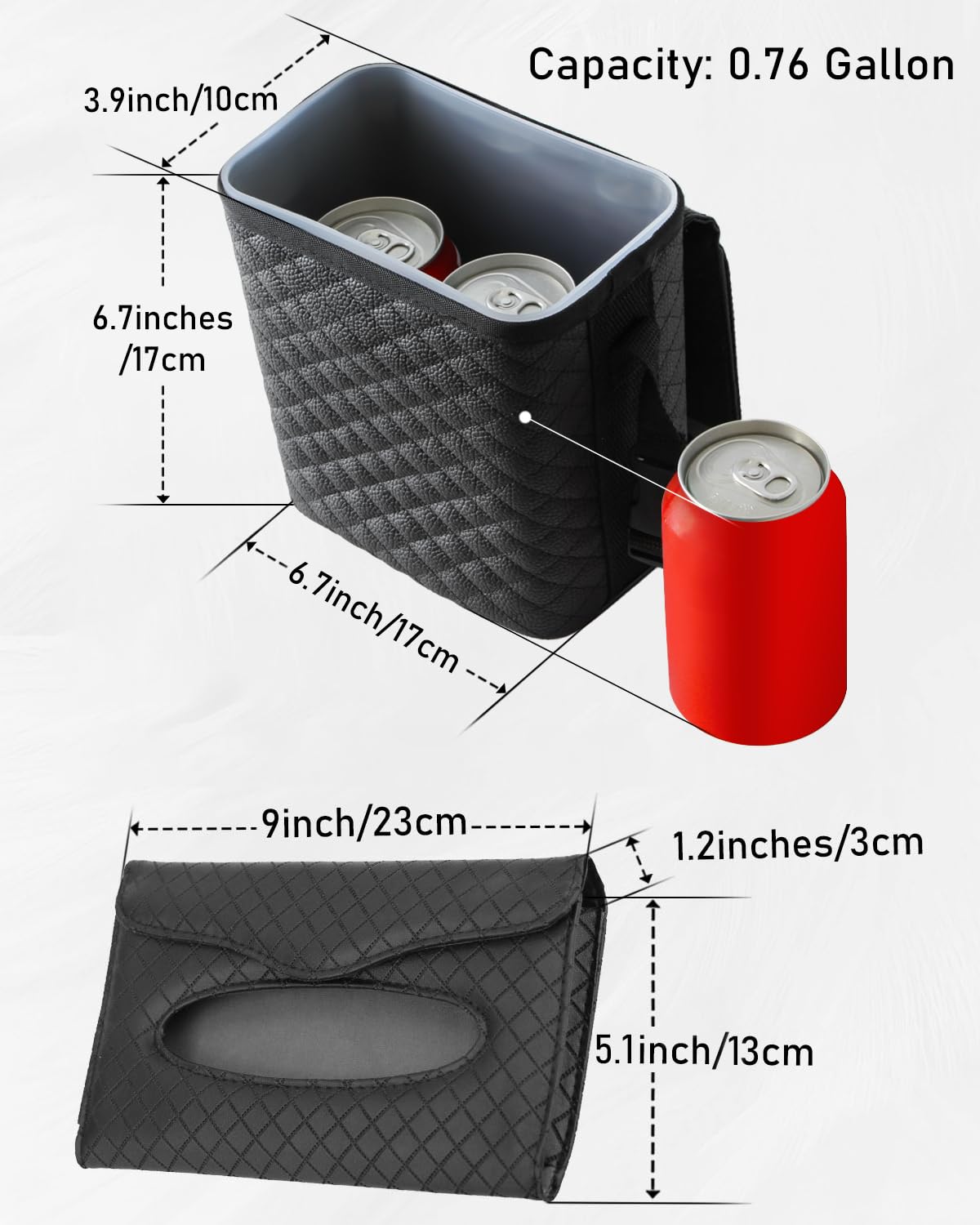 BELINOUS Leather Car Trash Can with Matching Tissue Holder, Waterproof and Leakproof Mini Car Trash Can with Lid, Small Garbage Bin with Adjustable Strap