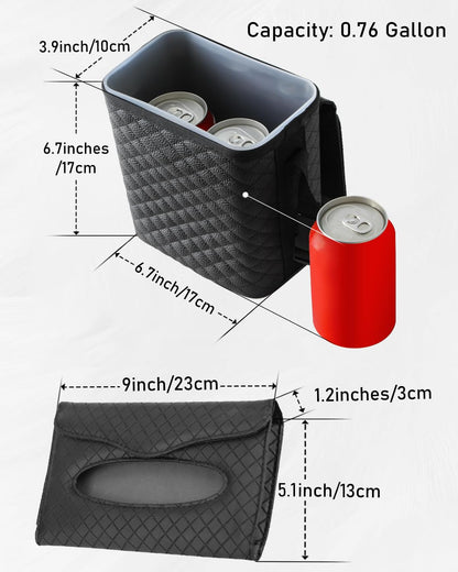 BELINOUS Leather Car Trash Can with Matching Tissue Holder, Waterproof and Leakproof Mini Car Trash Can with Lid, Small Garbage Bin with Adjustable Strap