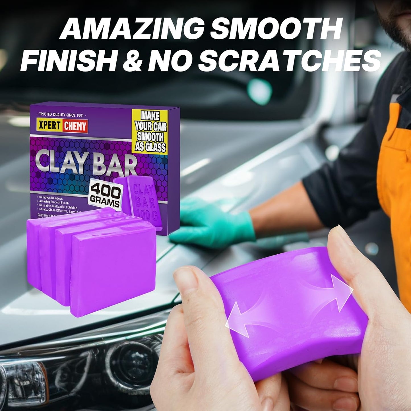 XPERTCHEMY Car Clay Bar 4 Pack 400g(4x100g), Auto Detailing Premium Grade No Scratch Magic Clay Bars Cleaner Kit with Washing and Adsorption Capacity for Car Auto SUV, RV, Truck, Purple