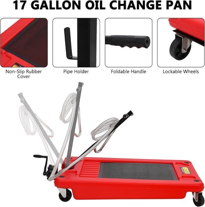 Garvee 20 gal Oil Drain Pan Oil Drain Tank, 76 L Low Profile Oil Drain Pan, Large Capacity Oil Change Pan with Manual Pump & T Foldable Hand and Wheels, 8 ft Hose Oil Drain Cart for Car, SUV, Trucks