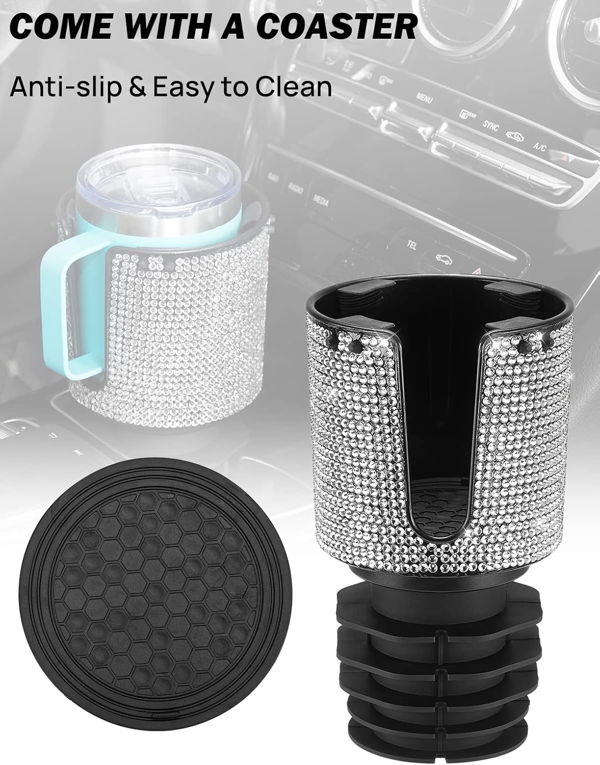 JOYTUTUS Upgraded Car Cup Holder Expander with Offset Base, Fit for YETI, Hydro Flask, Large Cup Holder Expander for Car Hold 18-40 oz Bottles and Mugs, Other Bottles in 3.4"-3.8"(Bling)