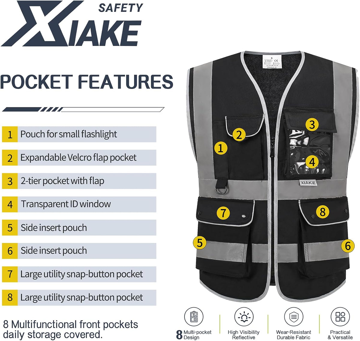 XIAKE Reflective Safety Vest for Men & Women High Visibility Class 2 Vest with Pockets Meets ANSI Standards