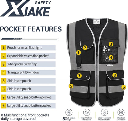 XIAKE Reflective Safety Vest for Men & Women High Visibility Class 2 Vest with Pockets Meets ANSI Standards