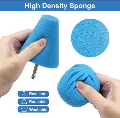 Linkstyle 5PCS Drill Polishing Ball Set, Car Wheel Polisher Sponge Pad Kit with Long Extension Pole & Cleaning Brush, Buffing Ball for 1/4" Hex Drill, Car Rim and Metal Surface Polishing Tool