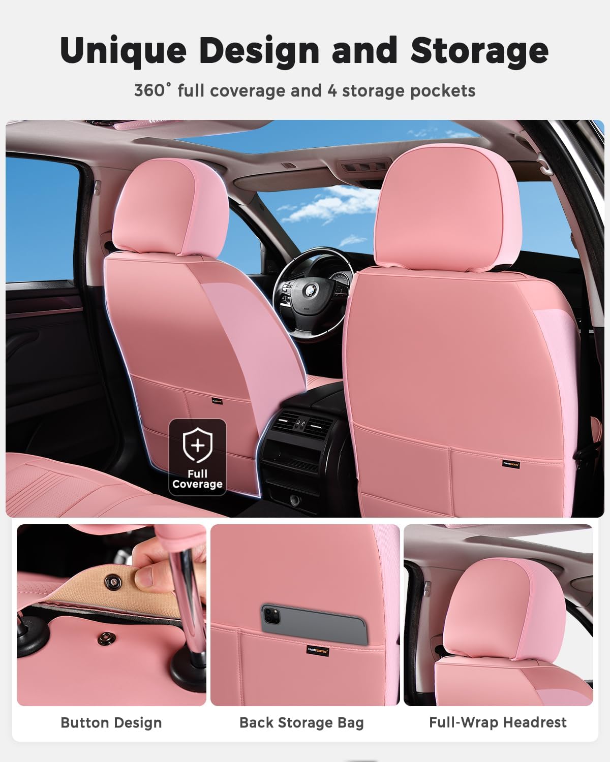 Huidasource Coffee Seat Covers Full Set, Universal Fit for Most Cars Trucks SUV, Full Coverage Leather Seat Cover, Airbag, Cupholder Compatible, Velcro Adjustable, Heaating/Cooling Function Retain