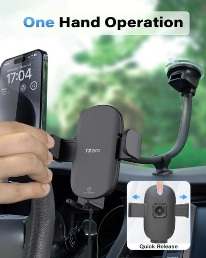 1Zero Solid Car Truck Phone Mount Holder with 14-Inch Gooseneck Long Arm, Windshield Window Mobile Holders w/Industrial-Strength Suction Cup, Anti-Shake Stabilizer Compatible All Cell Phones iPhone