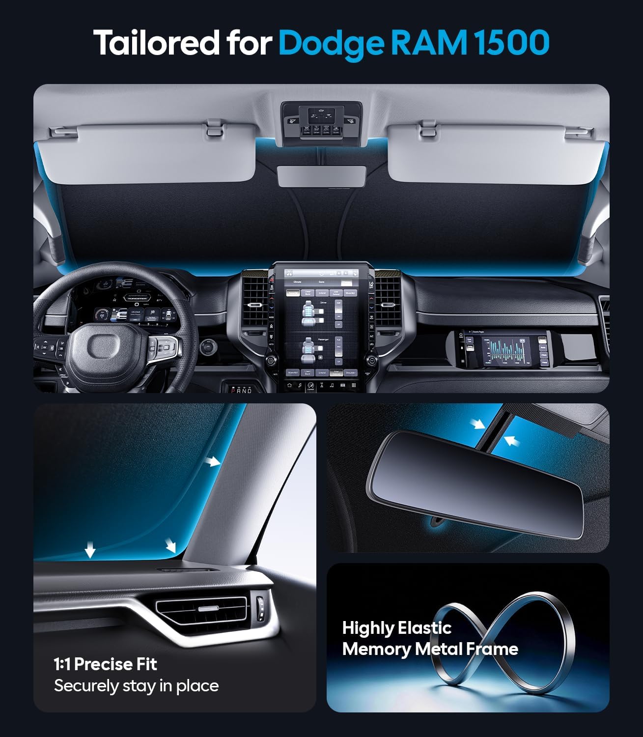 Wigoo Tesla New Model Y Accessories Windshield Sunshade [OEM Design, 100% Sun Blockage] Foldable Heat Insulation Sunshade with Storage Bag, for Model Y 2020~2026 (Juniper), Silver Coating - Colors A