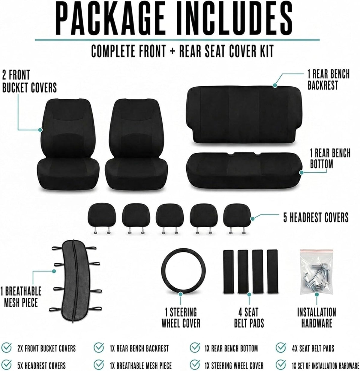 FH Group Full Set Cloth Car Seat Covers, Universal Fit Front and Split Bench Rear, Airbag Compatible, Washable for SUV, Sedan, Van - Black