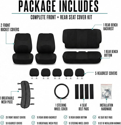 FH Group Full Set Cloth Car Seat Covers, Universal Fit Front and Split Bench Rear, Airbag Compatible, Washable for SUV, Sedan, Van - Black
