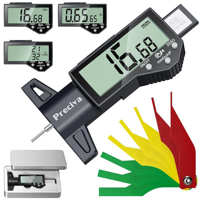Preciva Tire Tread Depth Gauge, Digital Tire Depth Gauge with Large LCD Display and Inches, Millimeters, Fraction Conversion, Tread Depth Gauge Suitable for Thread Depth, Brake Shoe and Pad Wear