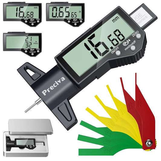 Preciva Tire Tread Depth Gauge, Digital Tire Depth Gauge with Large LCD Display and Inches, Millimeters, Fraction Conversion, Tread Depth Gauge Suitable for Thread Depth, Brake Shoe and Pad Wear