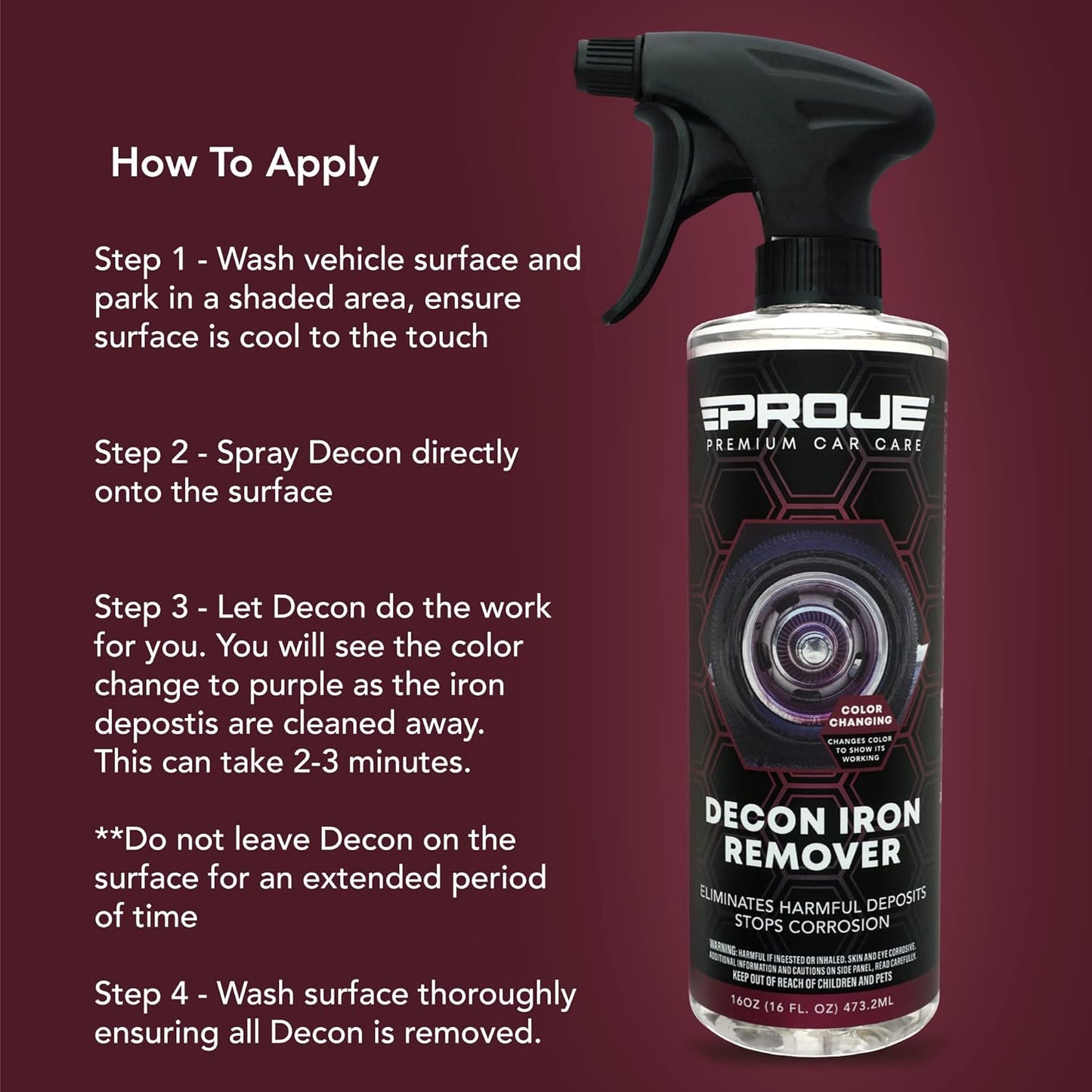 Proje Decon Iron Remover - Wheel, Paint, & Glass Decontamination Spray - Eliminates Brake Dust, Oxidation, & Fallout - Use Before Clay Bar, Wax or Car Wash - For Cars, Trucks, SUVs, & More - 16 Fl Oz
