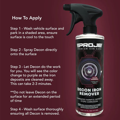 Proje Decon Iron Remover - Wheel, Paint, & Glass Decontamination Spray - Eliminates Brake Dust, Oxidation, & Fallout - Use Before Clay Bar, Wax or Car Wash - For Cars, Trucks, SUVs, & More - 16 Fl Oz