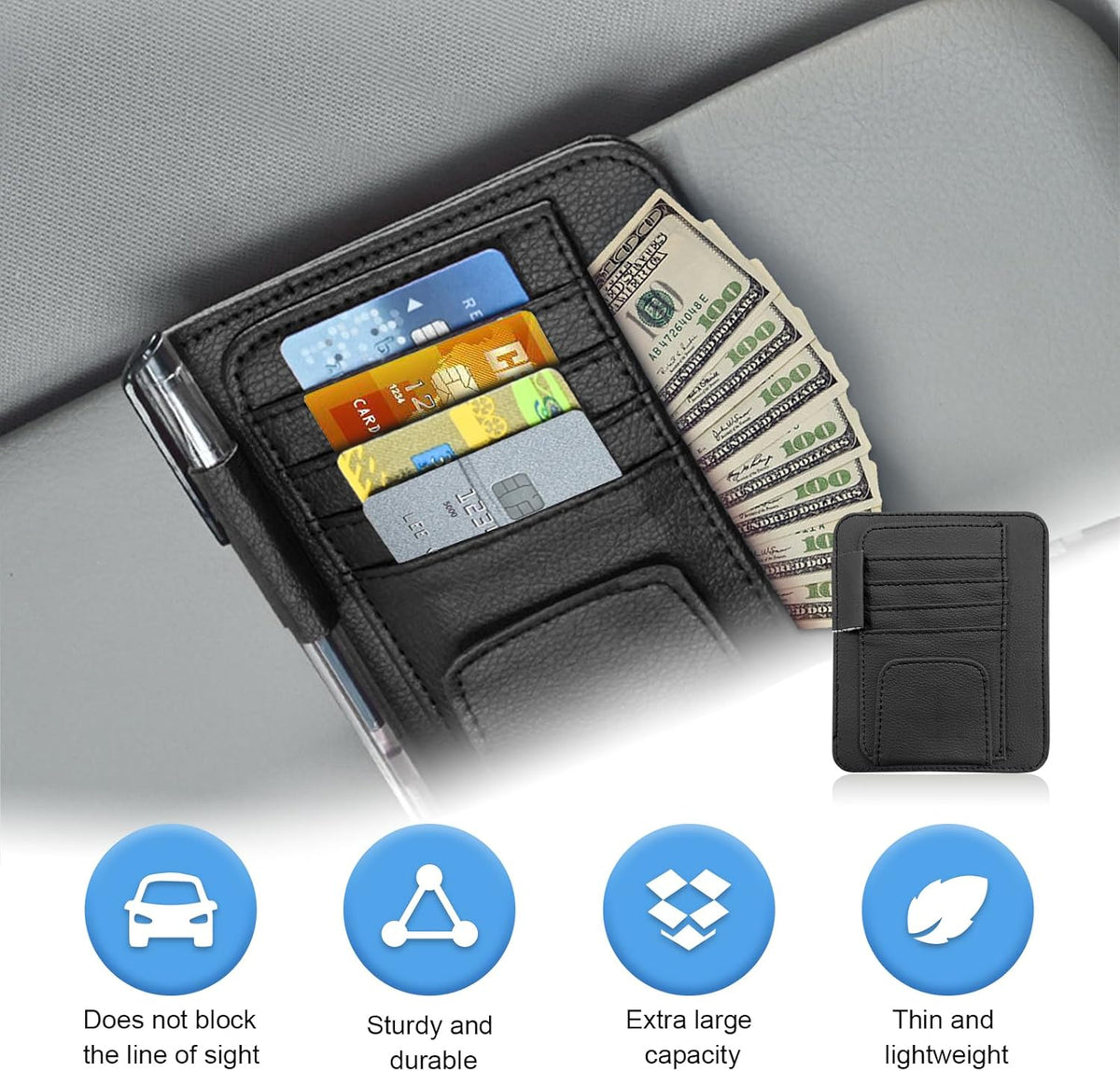 Augeny Car Sun Visor Organizer, Small Auto Visor Organizer and Storage, Registration and Document Holder, Vehicle Accessories for Sunglasses, Document, Card, Pen, Driver License (Black)