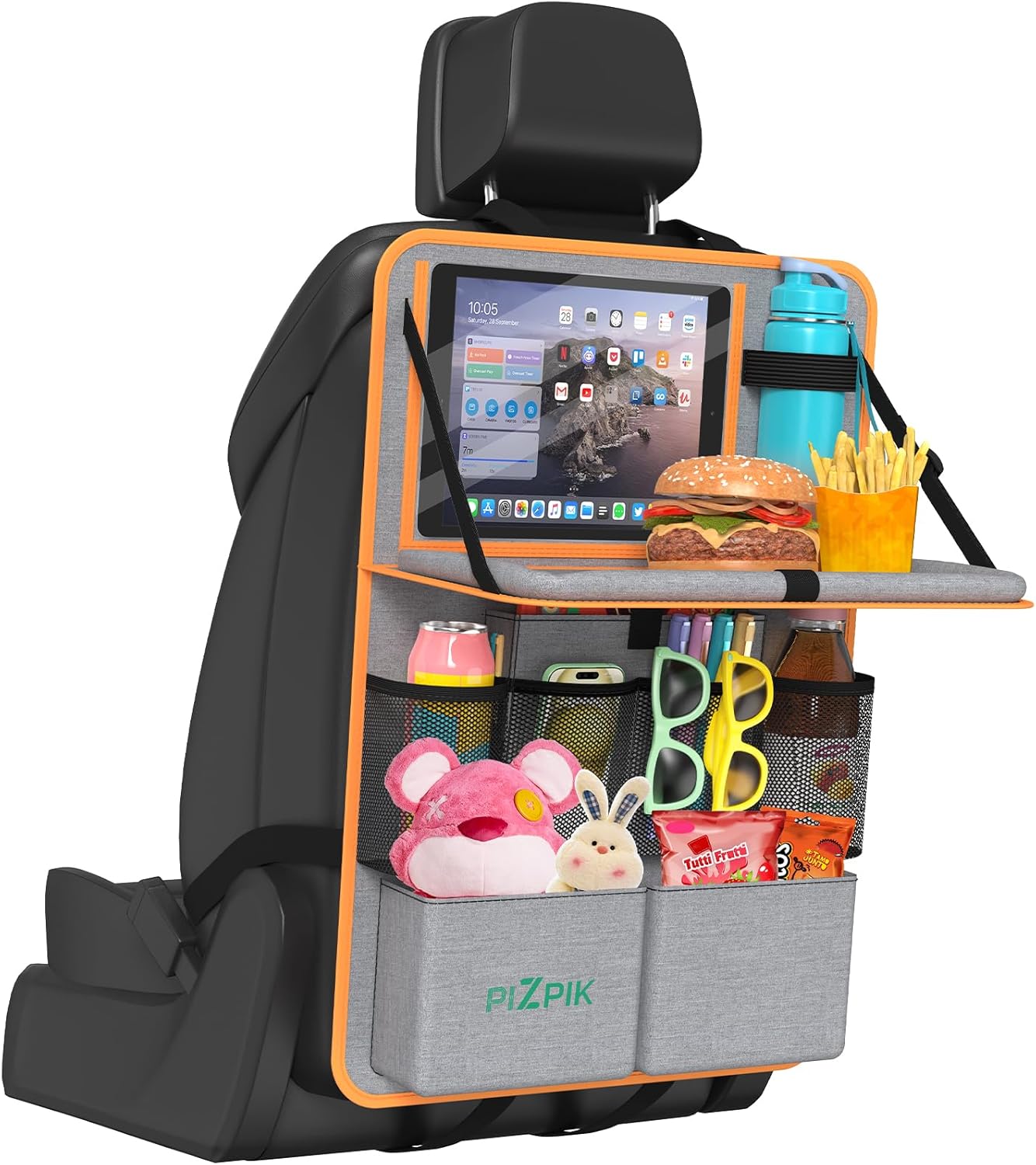 Plzpik Car Backseat Organizer with Tray(2Pack),13 Storage Pockets with Foldable Food Tray, Protector Kick Mats for Kids, Travel Accessories Organizer (Black)