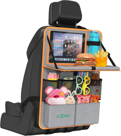 Plzpik Car Backseat Organizer with Tray(2Pack),13 Storage Pockets with Foldable Food Tray, Protector Kick Mats for Kids, Travel Accessories Organizer (Black)