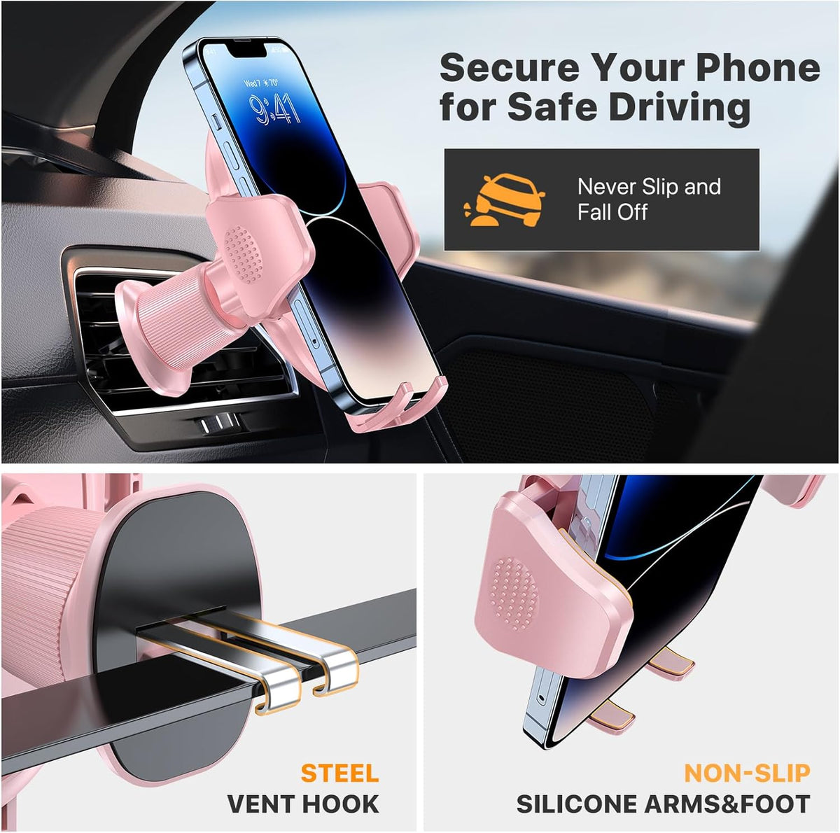 Miracase Phone Holders for Your Car with Metal Hook Clip, Air Vent Cell Phone Stand Car Mount, Universal Automobile Cradle for Garmin GPS Fit iPhone Android and All Smartphones, Dark Black