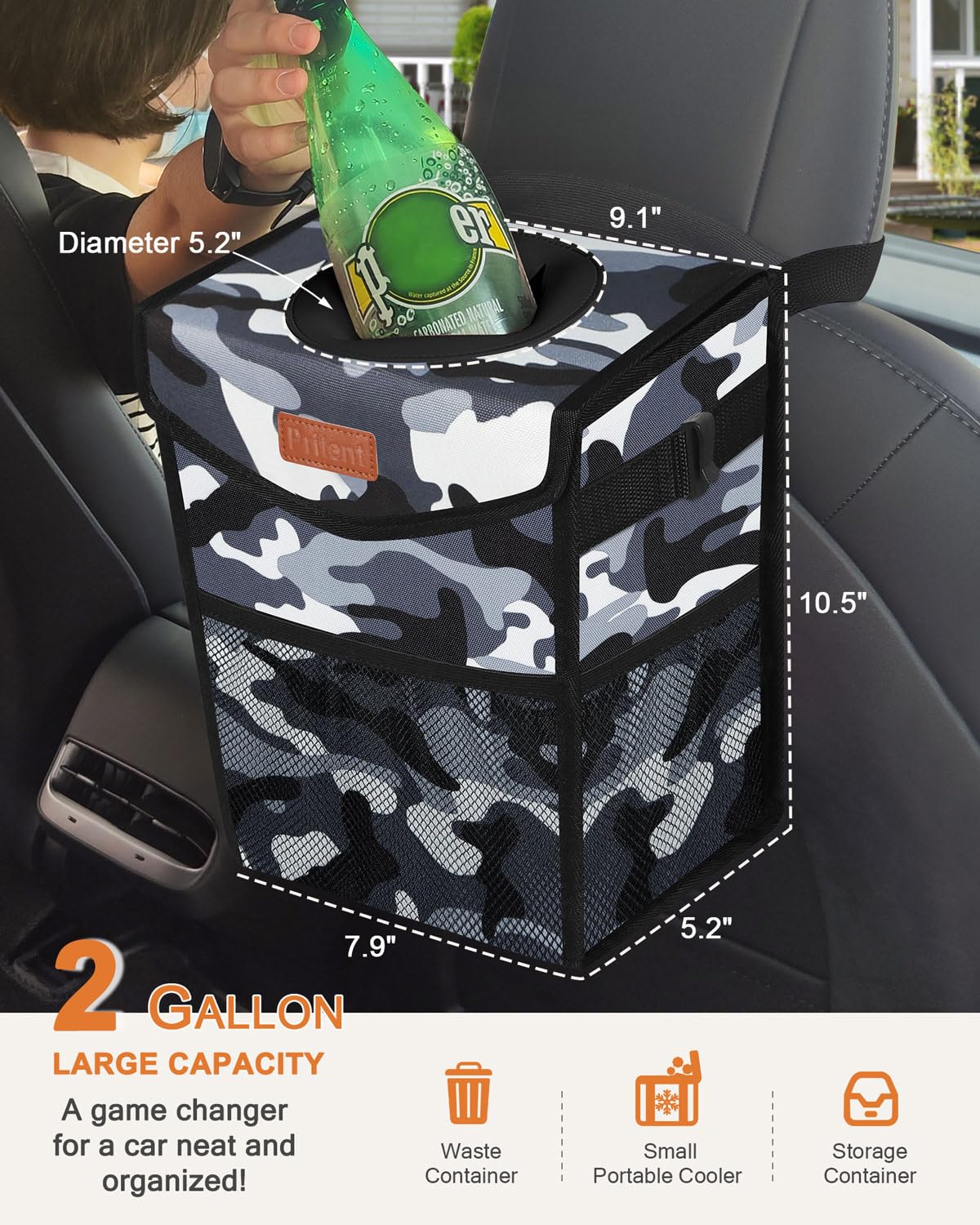 Pritent Car Trash Can with Lid, Cute Leakproof Car Trash Garbage Bag Hanging Vehicle Trash Bin Small Portable Automotive Garbage Cans Organizer for Back/Front Seat/Console(Trapezoid,Black)
