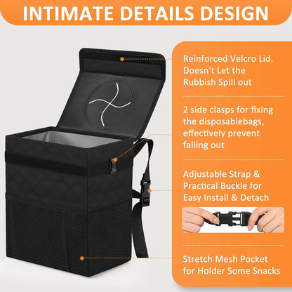 Vankor Car Trash Can Bin with Lid Hanging for Back Seat, Car Accessories for Women Men Leak Proof Automotive Garbage Cans Leakproof Vehicle Trash Can for Truck SUV Black