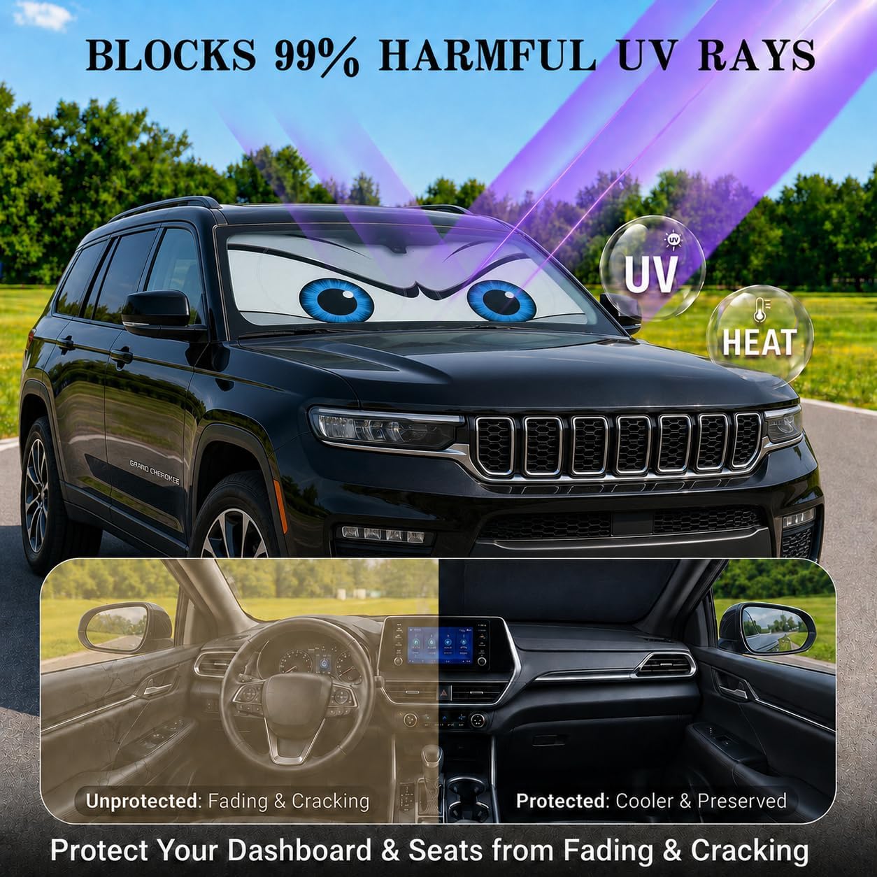 Car Windshield Sun Shade, Funny Cartoon Eyes Sun Visor for Car Windshield Universal Fits Sedan Compact Car Hatchback SUV, UV Heat Protection - 59 x 27.5