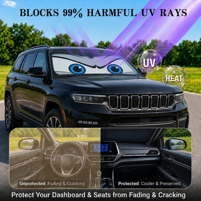 Car Windshield Sun Shade, Funny Cartoon Eyes Sun Visor for Car Windshield Universal Fits Sedan Compact Car Hatchback SUV, UV Heat Protection - 59 x 27.5