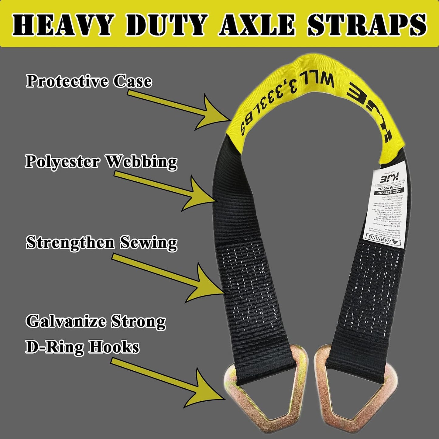 KJE Heavy Duty Car Trailer Tie Down Straps 4 Pack Kit - 2" x 8' Ratchet Straps + J-Hooks with Clip, 2" x 36'' Axle Straps - 10,000lbs Break Strength - Use for Car, Truck, UTV Transport
