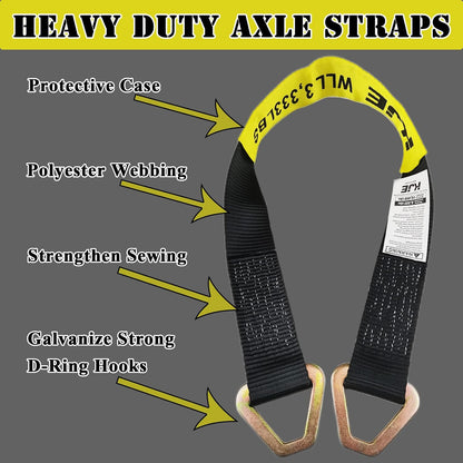 KJE Heavy Duty Car Trailer Tie Down Straps 4 Pack Kit - 2" x 8' Ratchet Straps + J-Hooks with Clip, 2" x 36'' Axle Straps - 10,000lbs Break Strength - Use for Car, Truck, UTV Transport