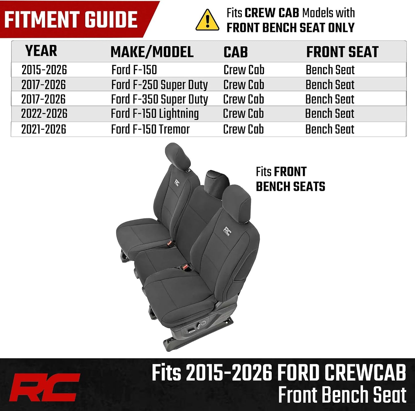 Rough Country Neoprene Front & Rear Seat Covers for Ford F-150, Lightning, F-250 & F-350 (2015-2026) Crew Cab w/Front Bench Seat & Rear 60/40 Split